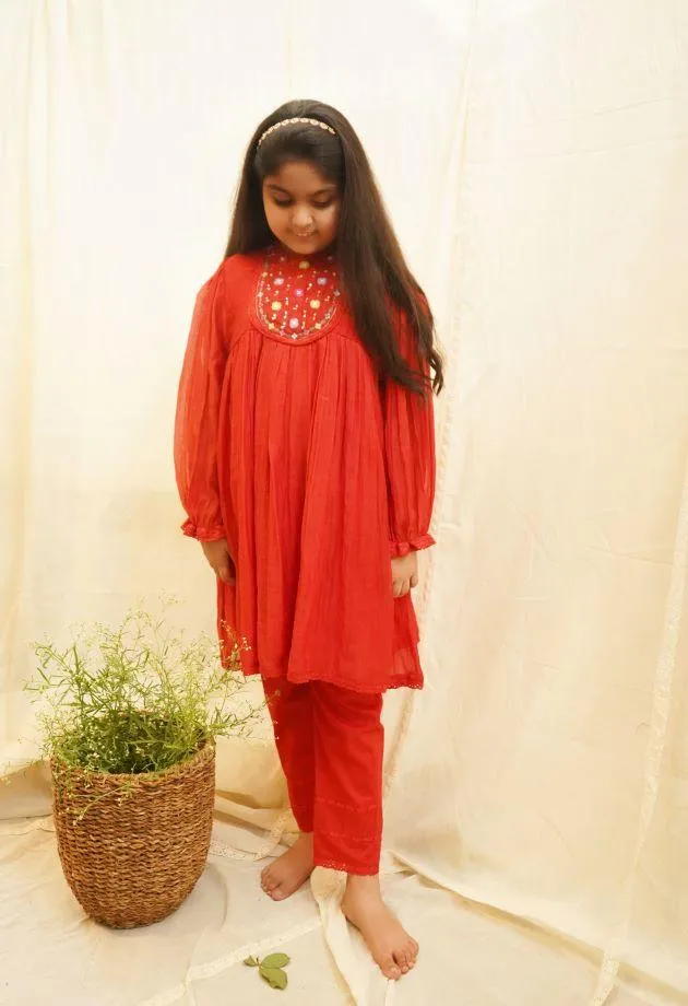 Red Poppy Kurta Set For Girls