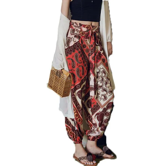 Retro Printed Mosquito Proof Legged Lantern Pants Loose Large Bohemian Beach Pants