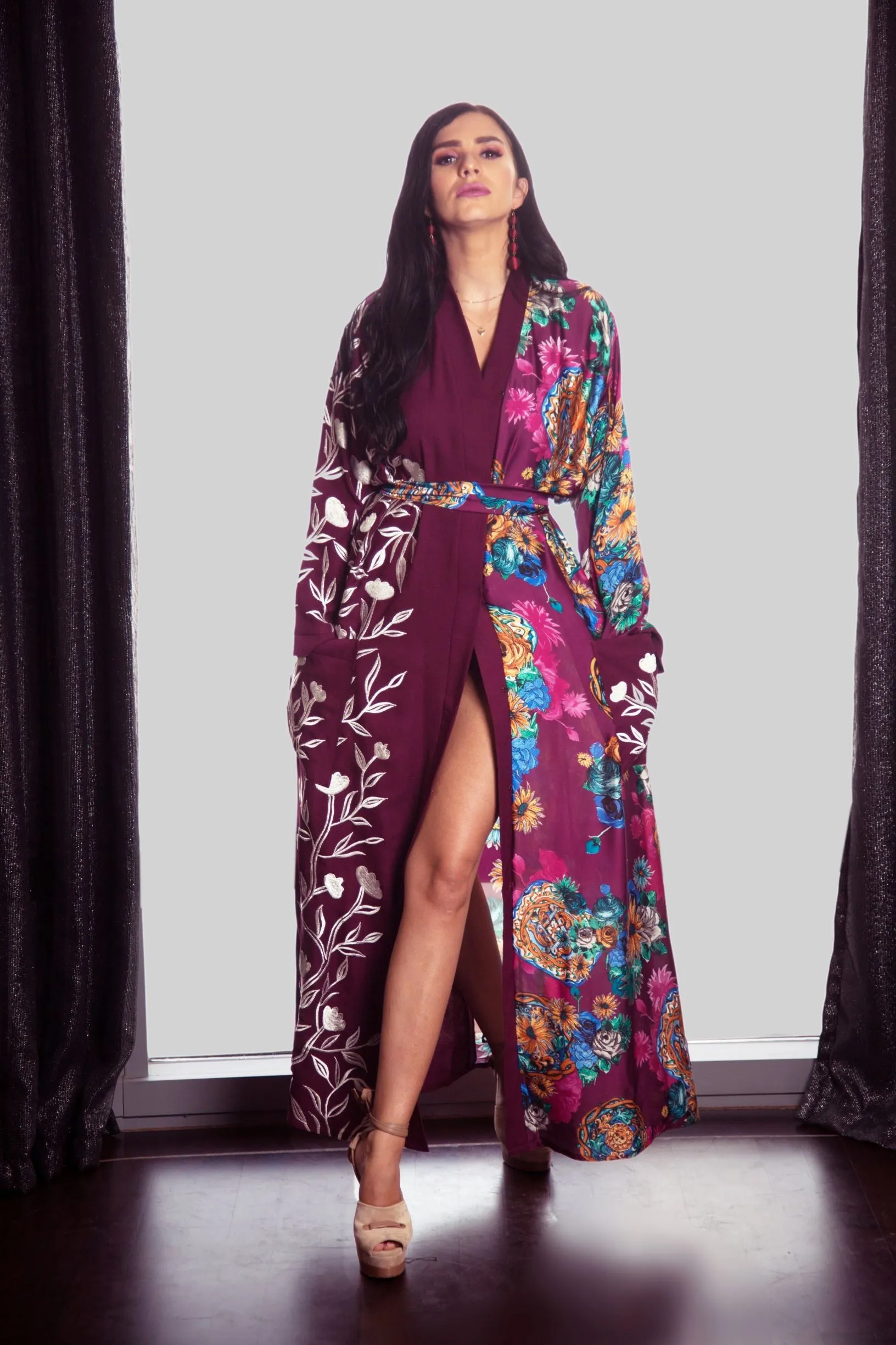 Set of 3- Purple Green Embroidered Kimono Robes