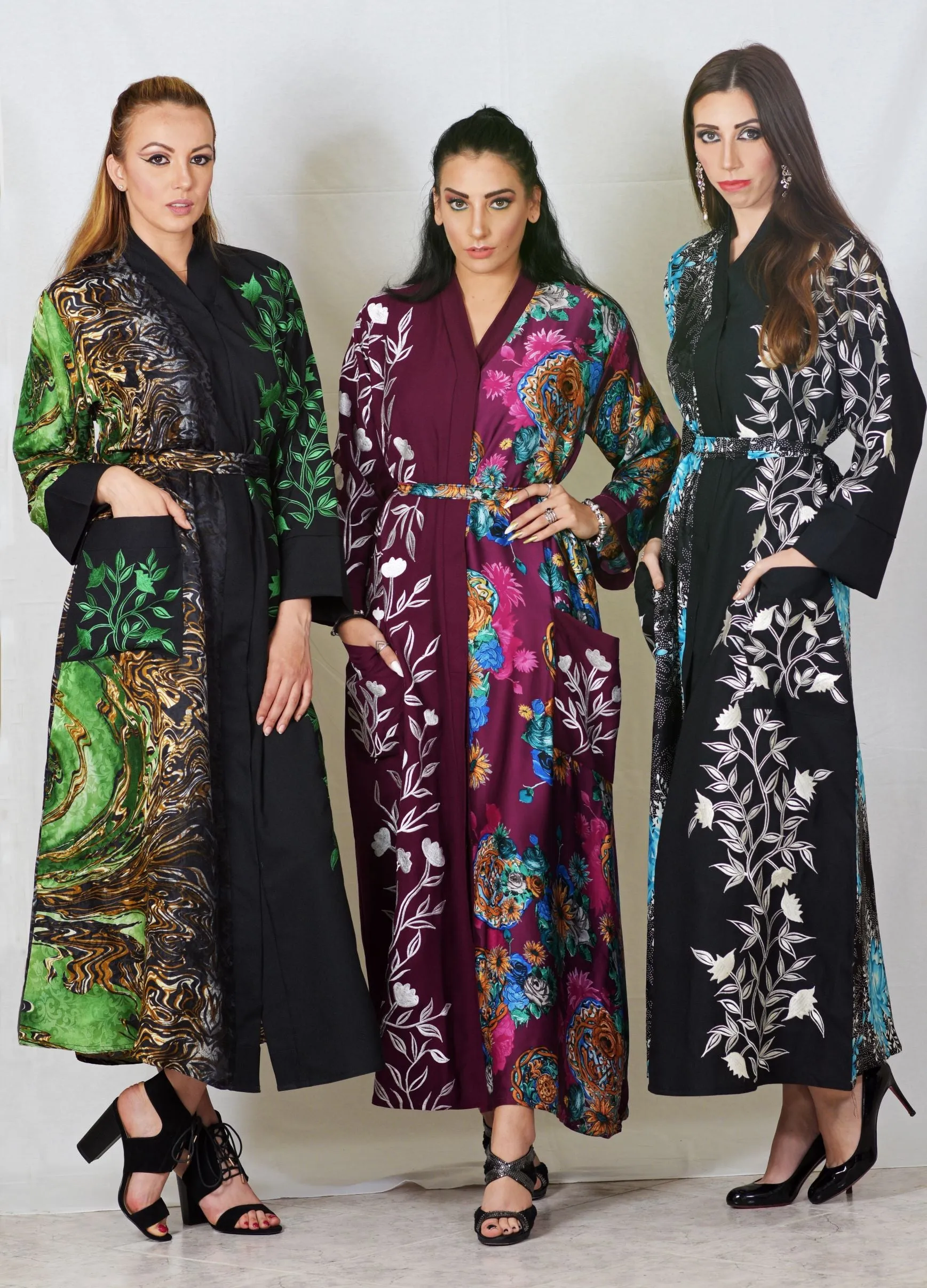 Set of 3- Purple Green Embroidered Kimono Robes