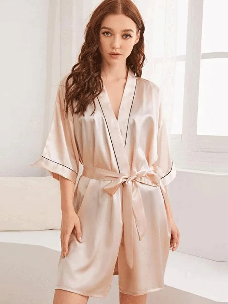 Silk Kimono Robe Plain Beige Color Short Length Gown Kimono Duster Robe