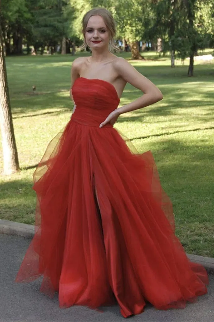 Strapless A-Line Strapless Tulle Long Red Prom Dress with Slit