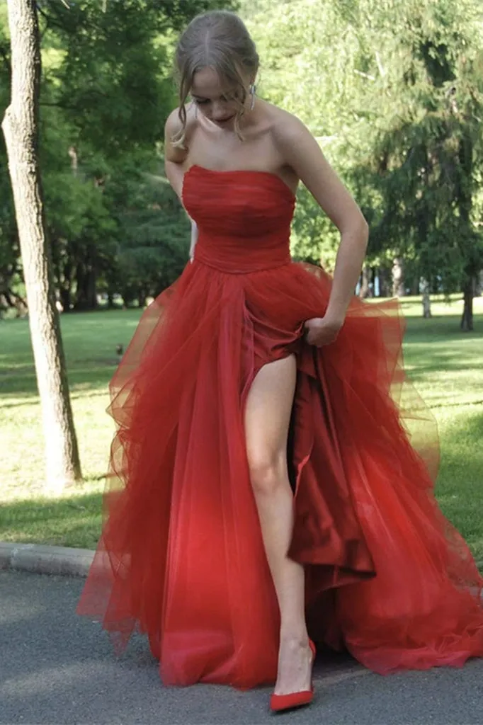 Strapless A-Line Strapless Tulle Long Red Prom Dress with Slit