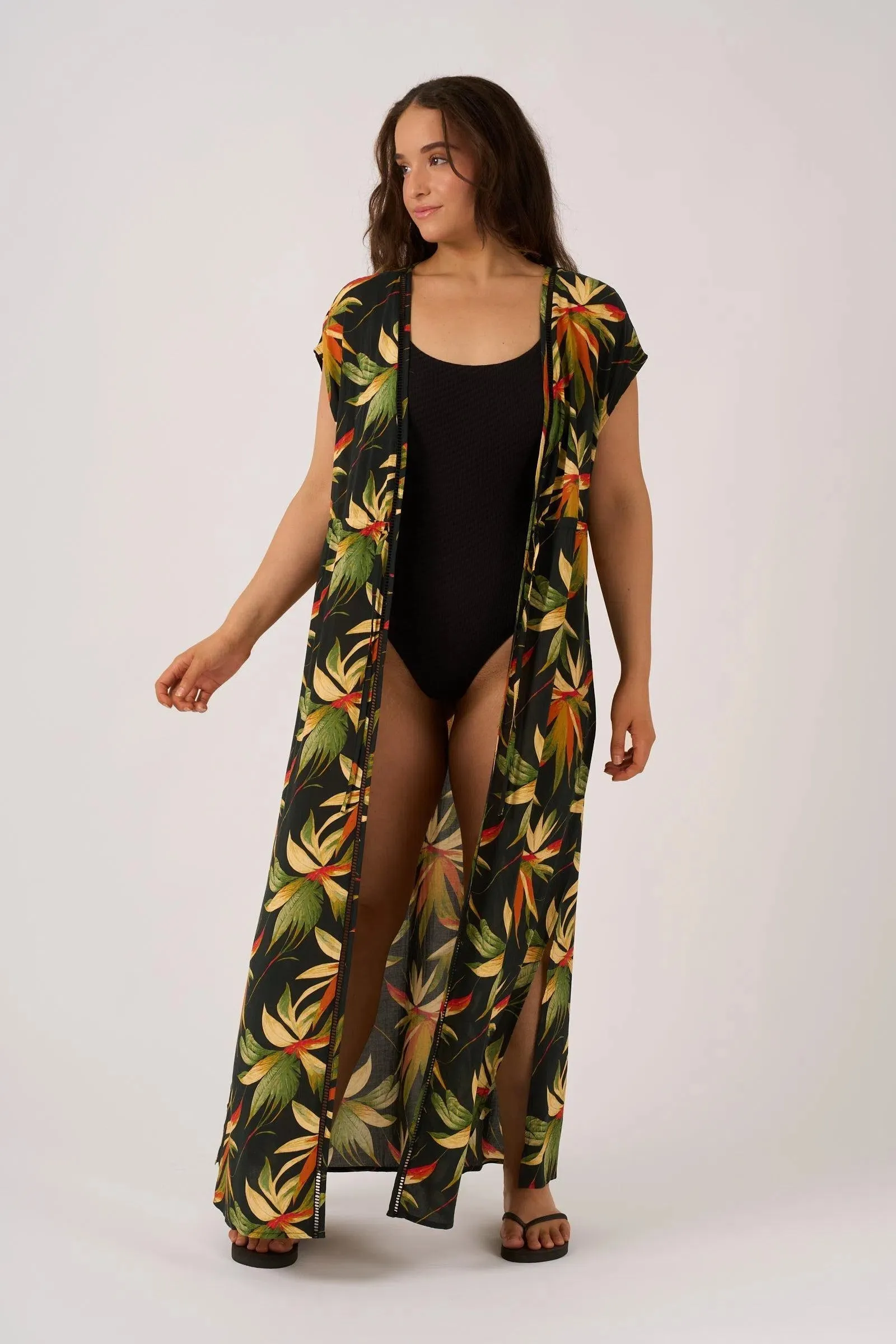 Sustainable Viscose Maxi Kimono - Black Tropico