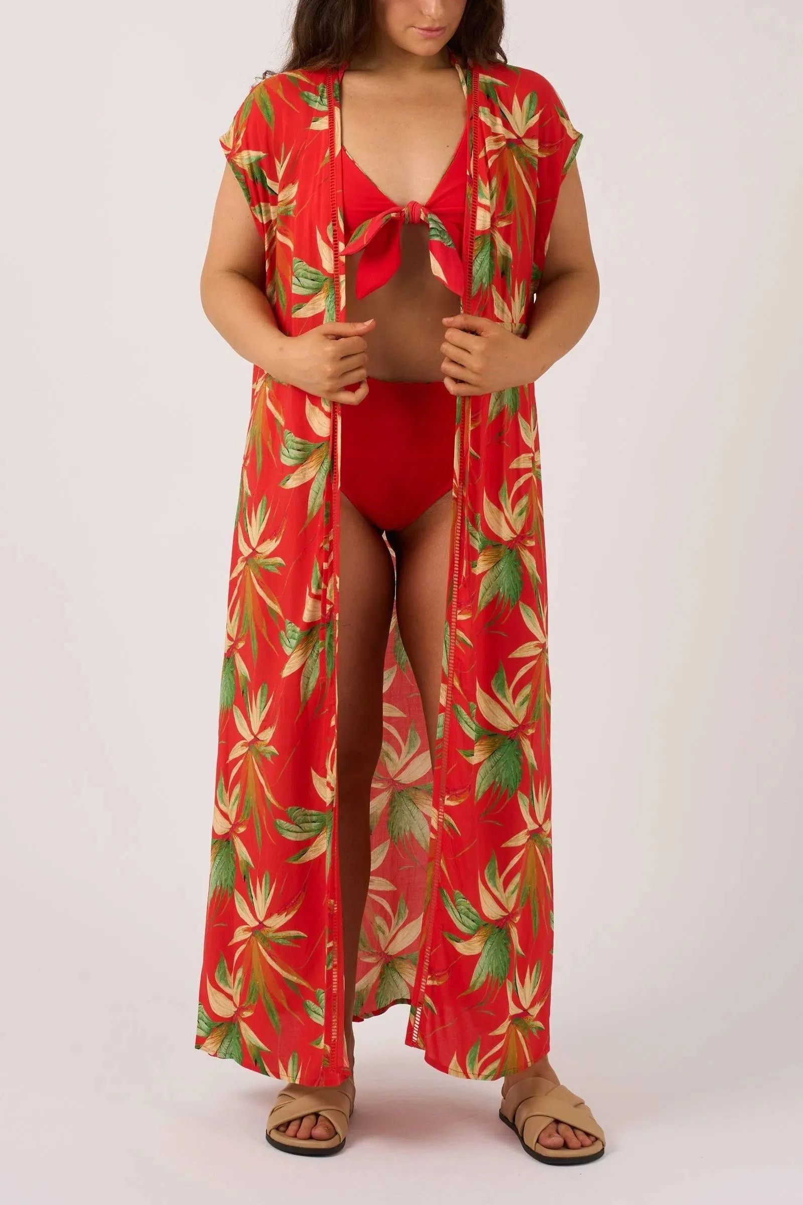 Sustainable Viscose Maxi Kimono - Flame Tropico