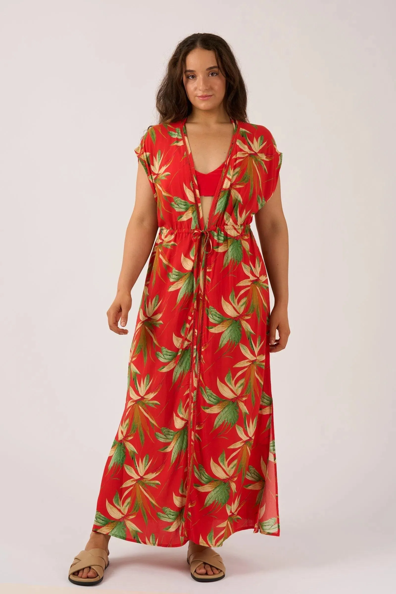 Sustainable Viscose Maxi Kimono - Flame Tropico