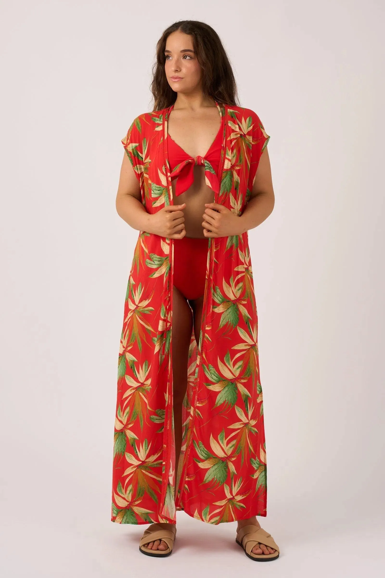 Sustainable Viscose Maxi Kimono - Flame Tropico