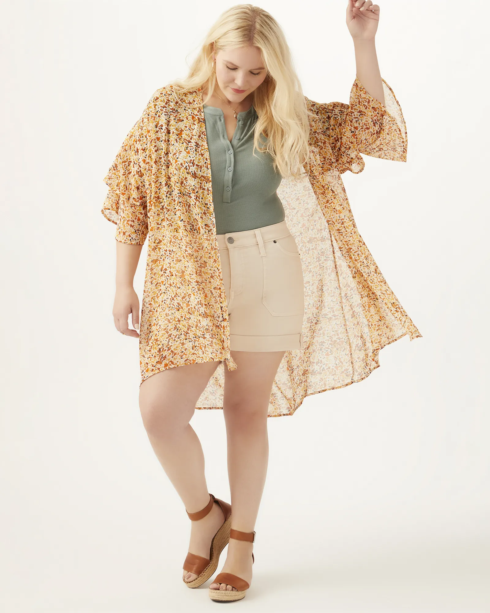 Taylor Ruffle-Sleeve Kimono | Ivory / Gold