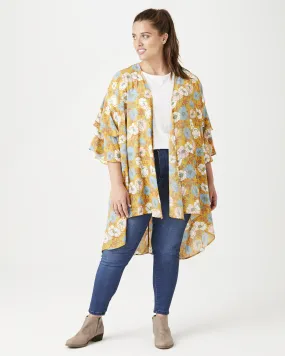 Taylor Ruffle-Sleeve Kimono | Orange / Azure Blue