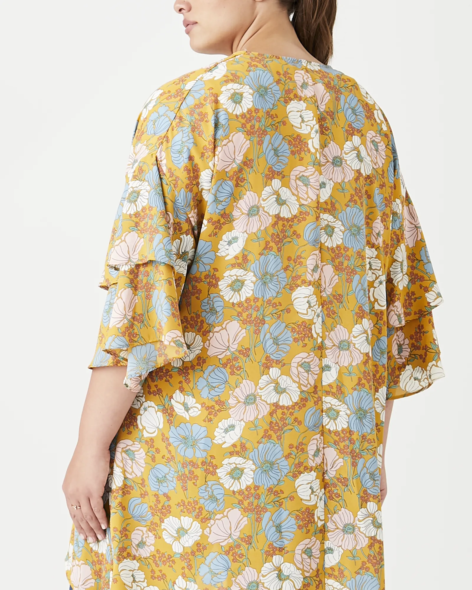 Taylor Ruffle-Sleeve Kimono | Orange / Azure Blue