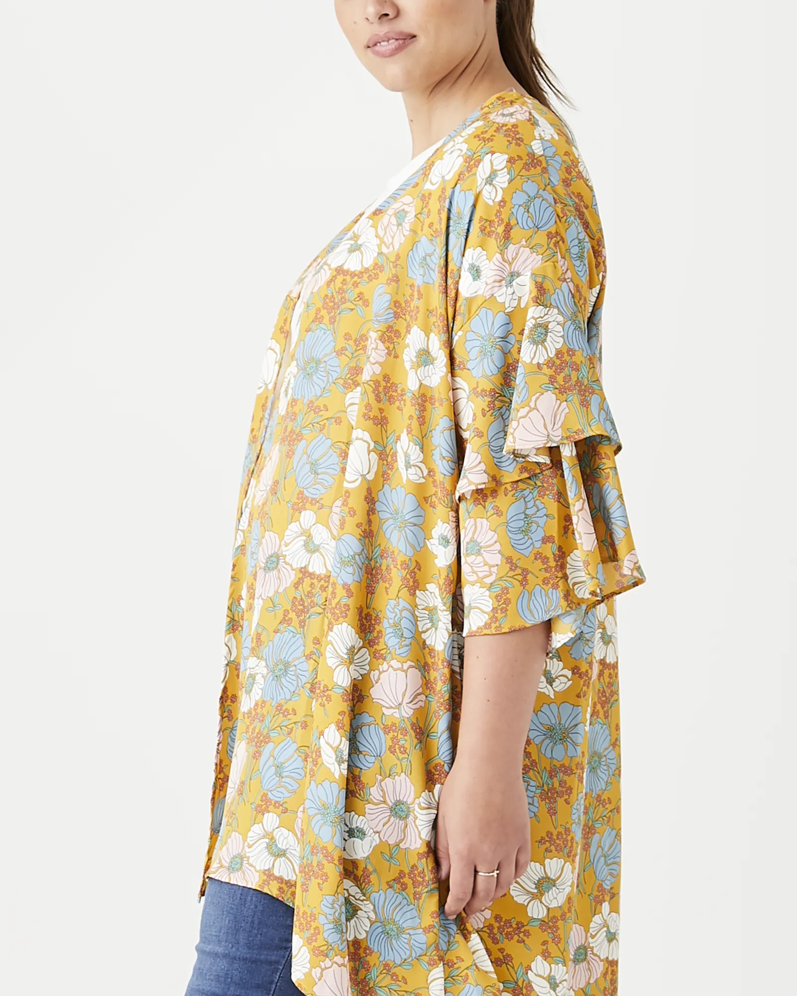 Taylor Ruffle-Sleeve Kimono | Orange / Azure Blue