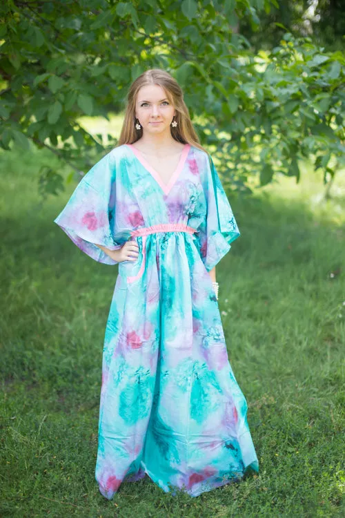 Teal Breezy Bohemian Style Caftan in Watercolor Splash Pattern