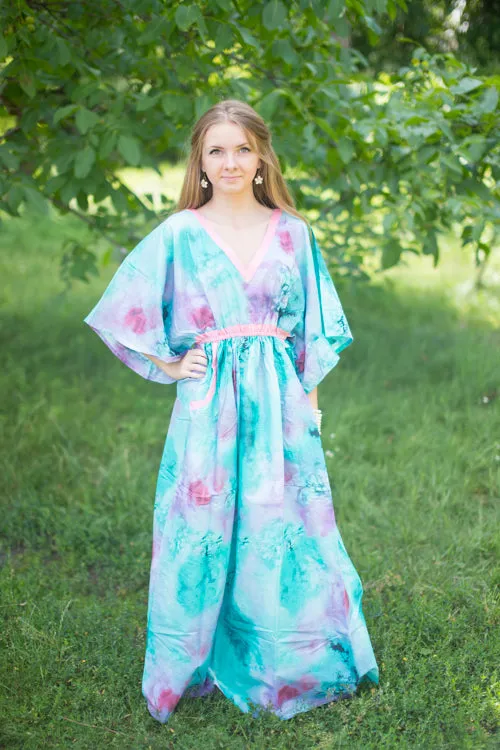 Teal Breezy Bohemian Style Caftan in Watercolor Splash Pattern