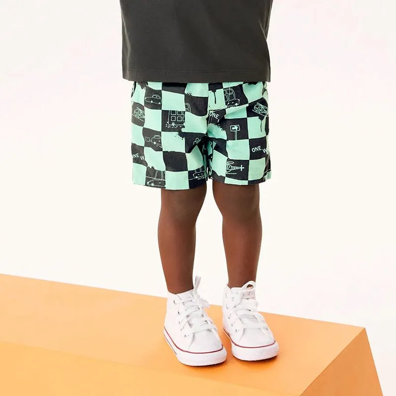 Toddler/Kid Boy's Trendy Summer Plaid Shorts with Car Print Design