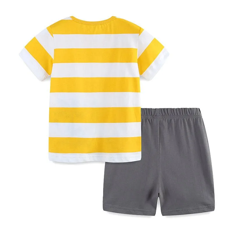 Toddler/Kid Boy's Yellow Striped Design Dinosaur Design Tee with Shorts Set