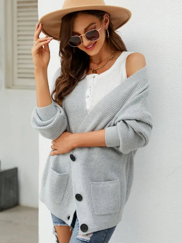 Waffle Knitted Button-Up Winter Sweater Cardigan with Pockets