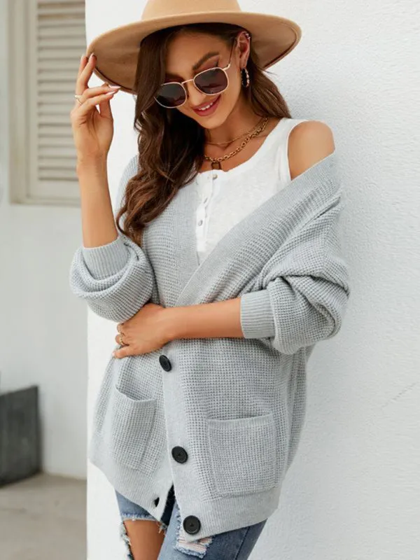 Waffle Knitted Button-Up Winter Sweater Cardigan with Pockets