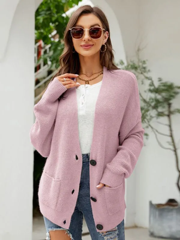 Waffle Knitted Button-Up Winter Sweater Cardigan with Pockets