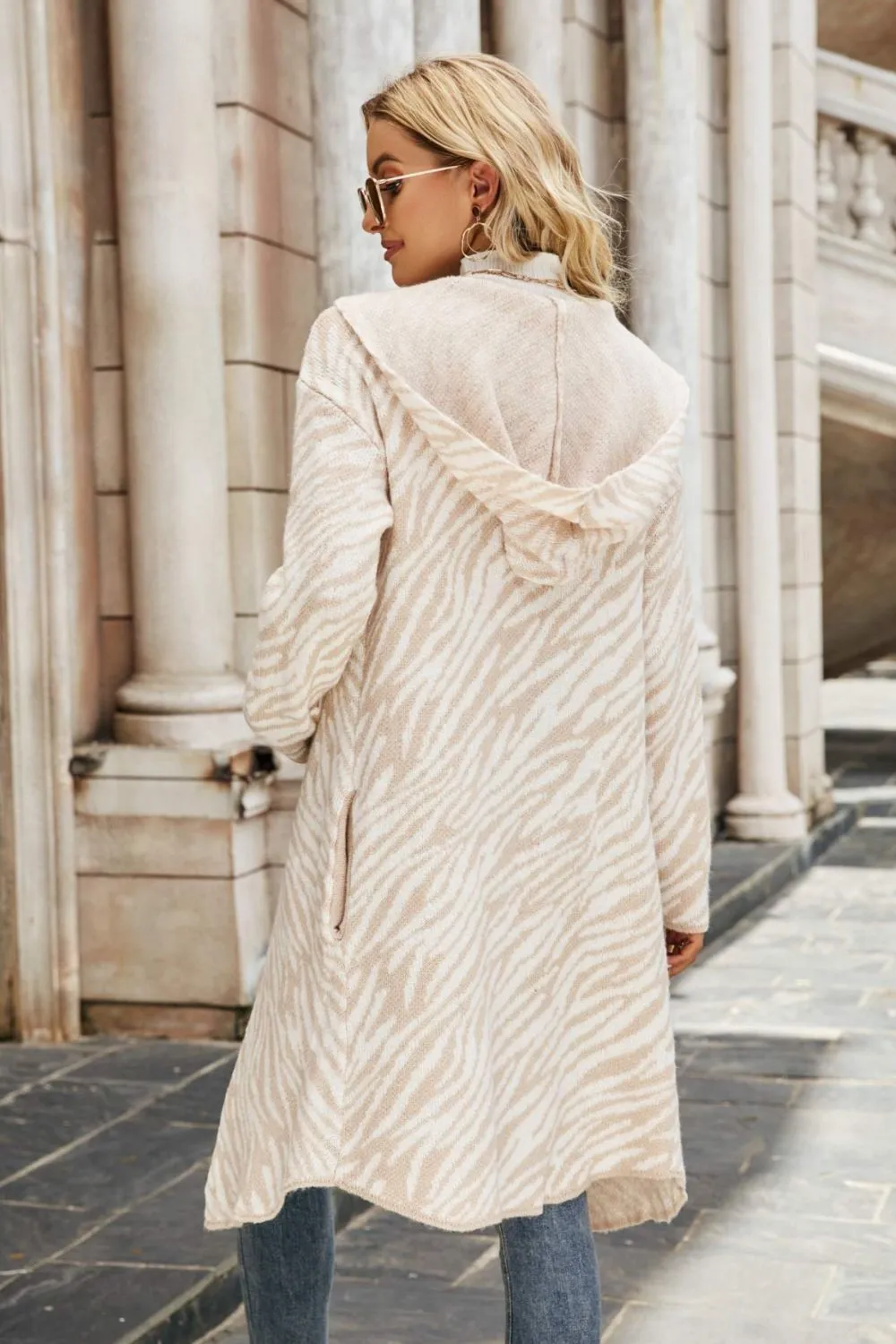 Winter Knit Pastel Zebra Shawl Hooded Coat - Duster Cardigan