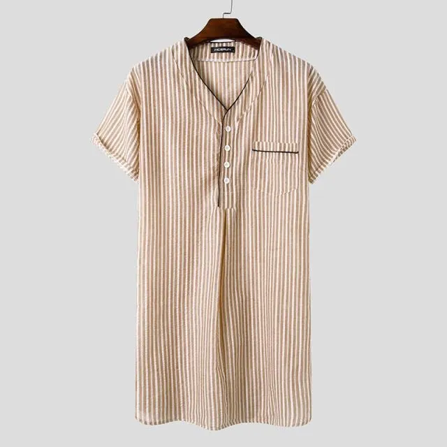 Wjczt Leisure Striped Homewear Men Cotton Sleepwear Summer Short Sleeve V Neck Nightgown Breathable Comfy Nightwear Plus Size