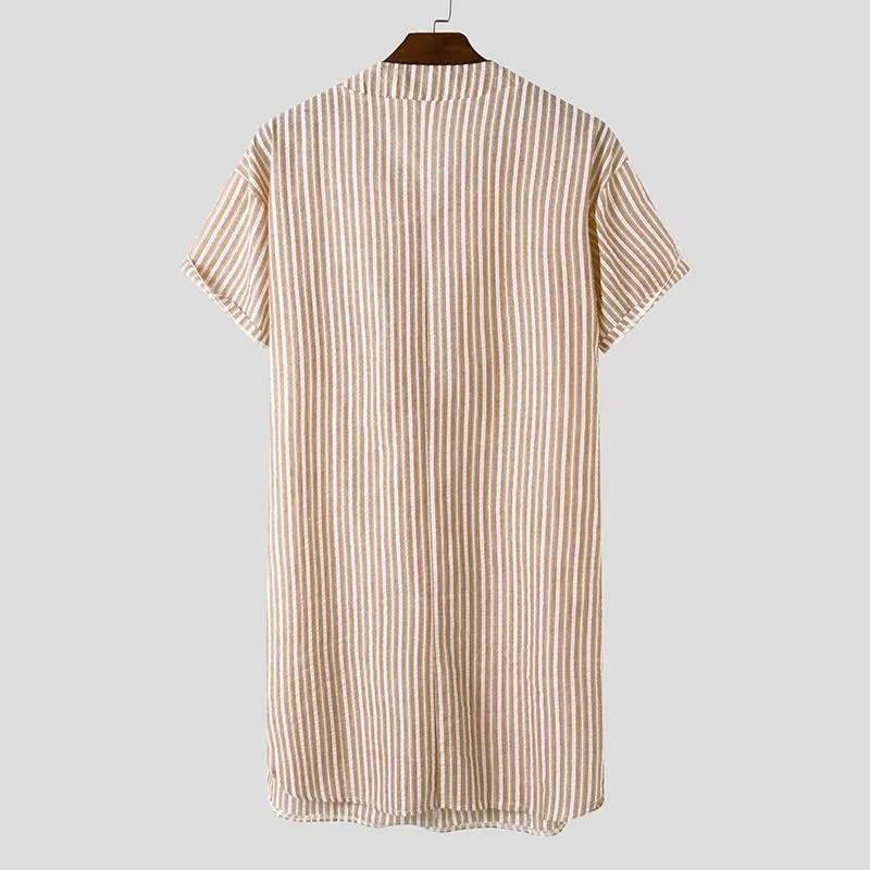 Wjczt Leisure Striped Homewear Men Cotton Sleepwear Summer Short Sleeve V Neck Nightgown Breathable Comfy Nightwear Plus Size