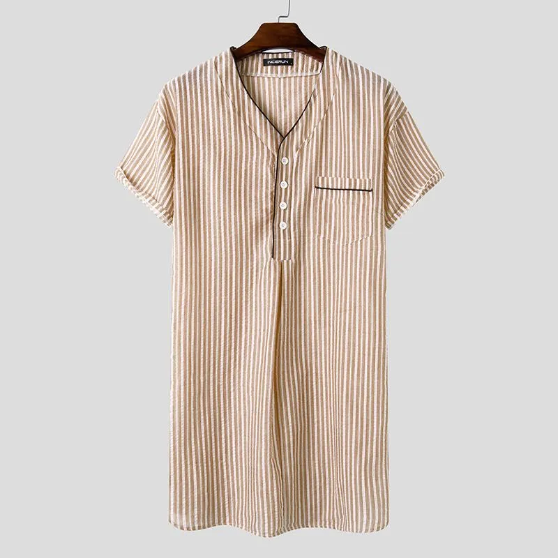 Wjczt Leisure Striped Homewear Men Cotton Sleepwear Summer Short Sleeve V Neck Nightgown Breathable Comfy Nightwear Plus Size