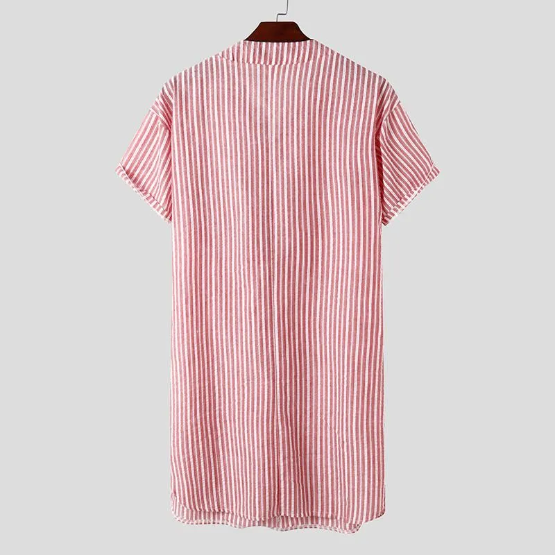 Wjczt Leisure Striped Homewear Men Cotton Sleepwear Summer Short Sleeve V Neck Nightgown Breathable Comfy Nightwear Plus Size