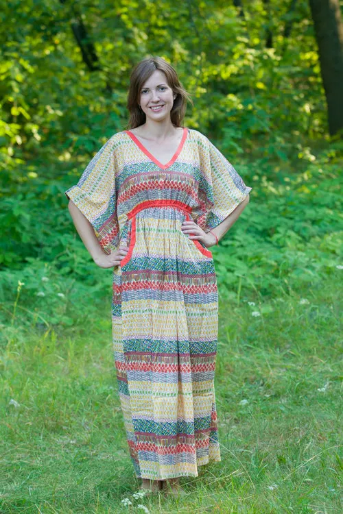 Yellow Breezy Bohemian Style Caftan in Abstract Geometric Pattern